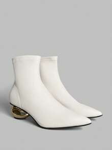 Ontre 女士尖头不对称高跟时尚日常百搭粗跟踝靴 - 白色 - 查看 3
