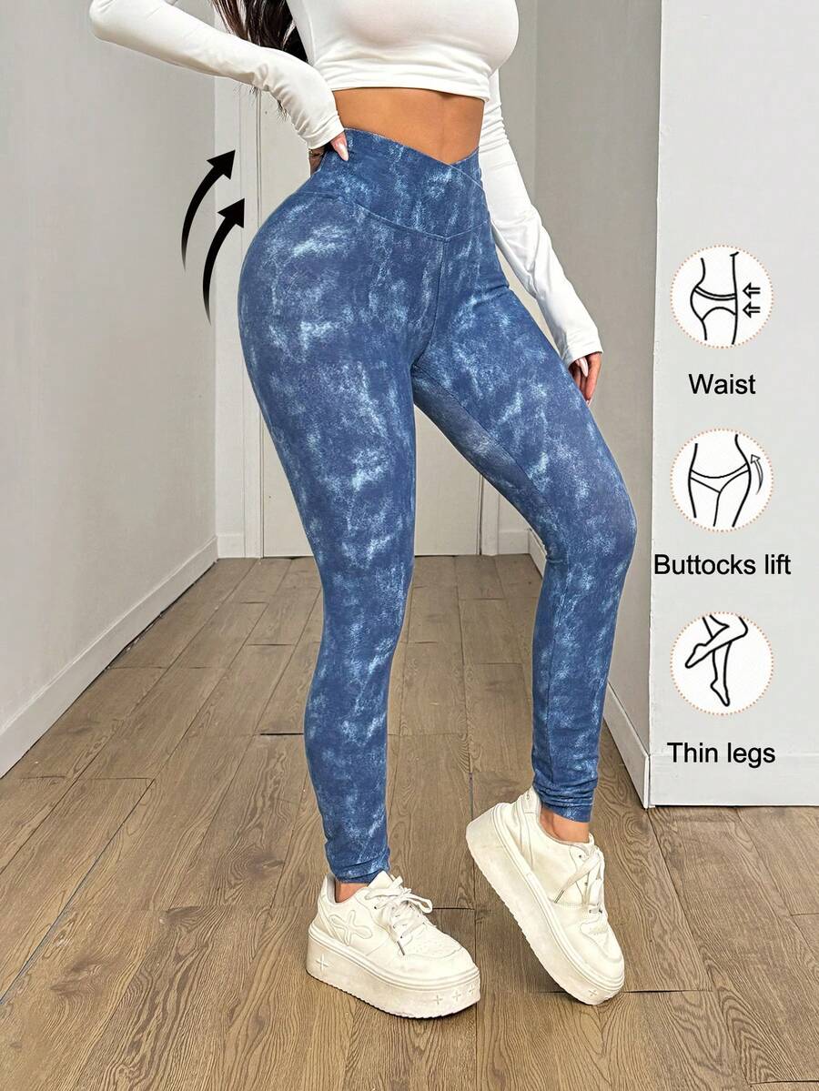SHEIN PETITE 女款四季穿著紋理設計水洗交叉腰頭高彈力針織牛仔褲,小個女版 - 深色水洗藍 - 查看 1