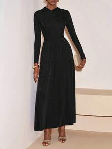 Zivah 2025秋季新款音乐节及毕业典礼休闲优雅交叉领长袖A字连衣裙，适合日常穿着、海滩、度假、日光浴、派对等场合。 - 黑色 - 查看 8
