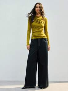 Maija Women's Solid Color Asymmetric Design Versatile Modern Urban Crew Neck Long Sleeve Top, Suitable For Commuting, Office, Business Casual, Party, Dating, Elegant