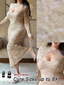 SHEIN CURVE+ 大码女士性感复古优雅浪漫蕾丝镂空拼接领口花卉装饰修身开衩下摆派对连衣裙，适合派对、日常穿着、新年派对、约会之夜、情人节、春夏秋季穿着。 - 杏色 - 查看 1