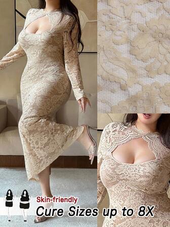 SHEIN CURVE+ Plus Size Women's Sexy Vintage Elegant Romantic Lace Hollow Splice Collar Floral Trim Fitted Bodycon Split Hem Party Dress, Suitable For Party, Daily Wear, New Year Party, Date Night, Valentine's Day, Spring/Summer/Autumn