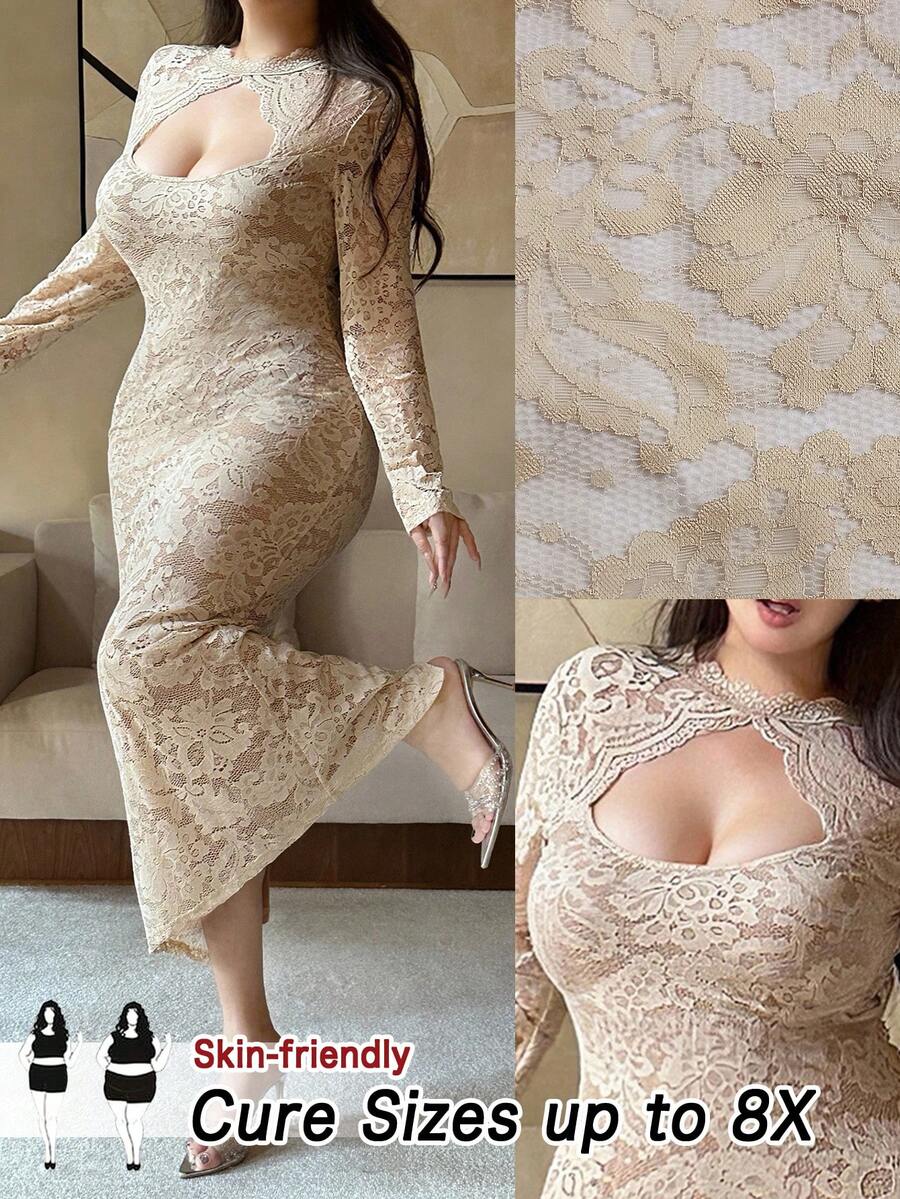 SHEIN CURVE+ 大码女士性感复古优雅浪漫蕾丝镂空拼接领口花卉装饰修身开衩下摆派对连衣裙，适合派对、日常穿着、新年派对、约会之夜、情人节、春夏秋季穿着。 - 杏色 - 查看 1