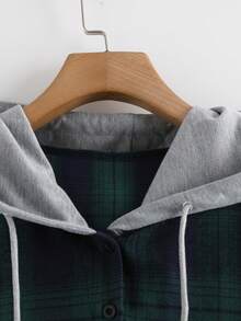 SHEIN Unity 女式秋季长袖格子口袋抽绳连帽休闲衬衫 - 墨綠色 - 查看 3