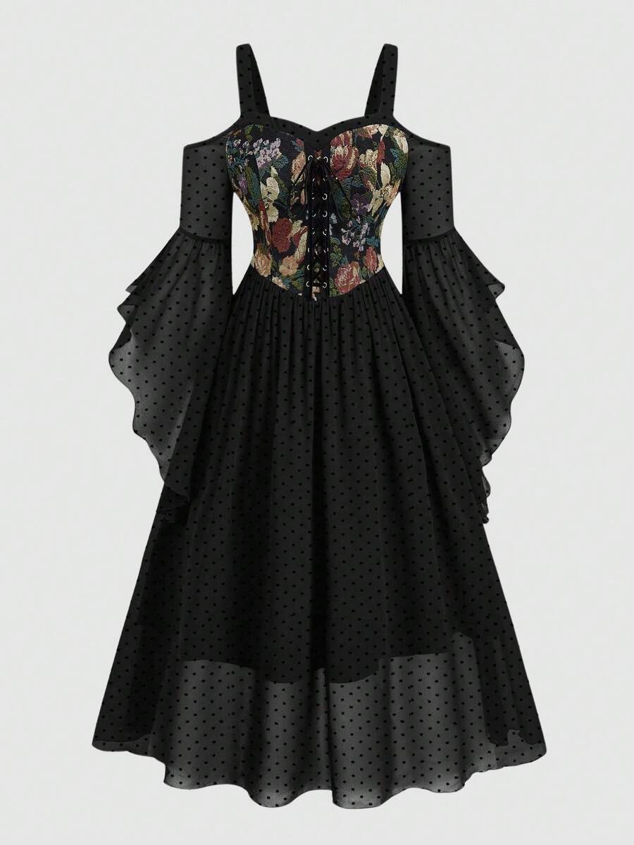 Sweetra 大码女式提花印花拼接抹胸系带喇叭袖连衣裙 - 黑色 - 查看 1