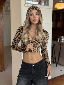 SHEIN EZwear 女士豹纹短款保暖内衬连帽运动衫，秋冬时尚 - 彩色 - 查看 5