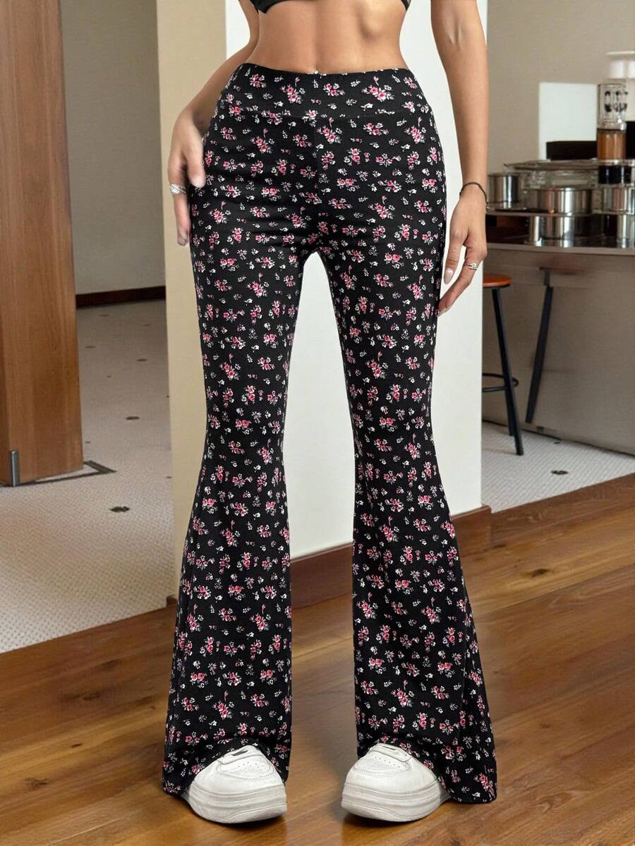 SHEIN EZwear Ditsy Floral Knitted Women's Flared Pants For Spring And Autumn - Black - View 1