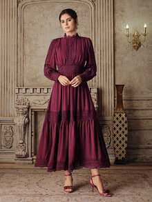 Anewsta Elegant French Style Burgundy Red Dress, Waist Cinched, Slim Fit, Hollow-Out Lace Patchwork, Flared Dress For Women - Dusty Pink - View 5