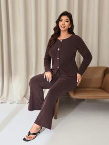 Auralis Set 2 buc: Cardigan maro închis cu guler rotund și mânecă lungă și pantaloni evazați casual, potrivit pentru concerte, spectacole, întâlniri zilnice, naveta, elegant și romantic, doamnă de birou, stil sirenă, petrecere de ziua de naștere - cafea maro - Vizualizare 7