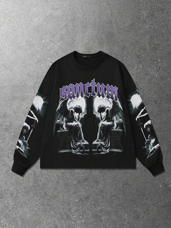 Street Life Sudadera holgada con estampado de letra de ángel casual para hombre, de caída de hombros, para primavera/otoño