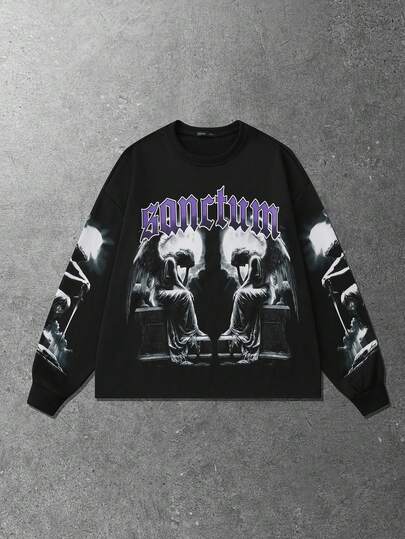 Street Life بلوزة رجالية كاجوال بطبعة حرف ملاك الشارع، كتف منخفض وفضفاضة، ربيع/خريف