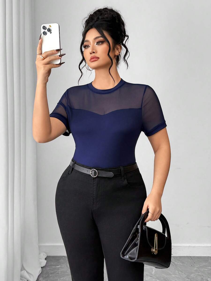 Elenzga Plus Size Women Solid Color Mesh Patchwork Round Neck Short Sleeve Fitted T-Shirt - Navy Blue - View 1