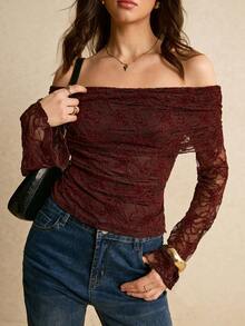 Poéselle 女士时尚露肩长袖修身蕾丝性感上衣 - 酒紅色 - 查看 5