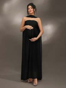 Cheriluna Maternity Váy bầu trễ vai trơn màu, họa tiết bèo nhún thanh lịch, không tay cho tiệc mừng em bé, tiệc Giáng sinh - màu đen - Xem 3