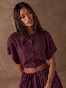 SHEIN BAE Women's Spring/Summer Casual Maroon Purple Solid Color Crochet Jacquard Knit Short T-Shirt/Casual Top, Commuting, Going Out,Spring Outfit Women, Spring Break Outfits,Going Out Top,Casual Blouses For Women, - Maroon - View 7