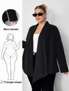 Truni Lacenleopard Plus Size Women Solid Color Batwing Sleeve Open Front Casual Jacket, Autumn/Winter, For Pear Triangle Body Shape - Black - View 1