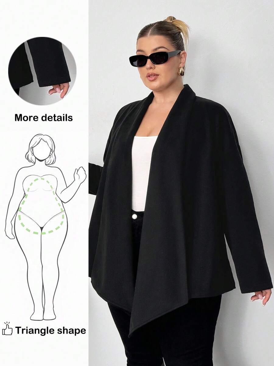 Truni Lacenleopard Plus Size Women Solid Color Batwing Sleeve Open Front Casual Jacket, Autumn/Winter, For Pear Triangle Body Shape - Black - View 1