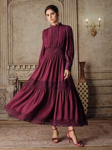 Anewsta Elegant French Style Burgundy Red Dress, Waist Cinched, Slim Fit, Hollow-Out Lace Patchwork, Flared Dress For Women - Dusty Pink - View 4