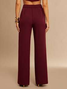 Silquee Celana Panjang Wanita Warna Burgundy Pinggang Tinggi Model Lurus, Celana Panjang Longgar Bergaris-garis Polos Elegan Musim Gugur untuk Makan Malam, Perjalanan, dan Acara Pernikahan - Burgundy - View 2