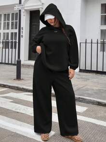 Muchica New Casual Hoodie Sweatshirt & Pants 2 Pieces Set, Versatile For Outings, Daily Wear, Dates, Loose Fit, Black, Plus Size - Black - View 3