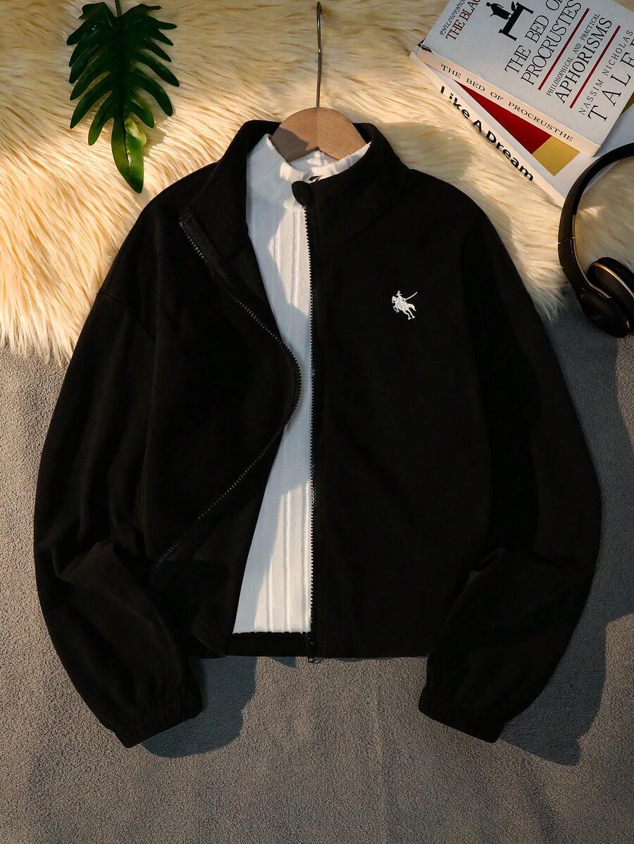 Sparklyn Teen GirlJacket, Young Women's Fashionable Faux Fur White Jacket With Embroidered Chest Design, Casual & Versatile For Back To School