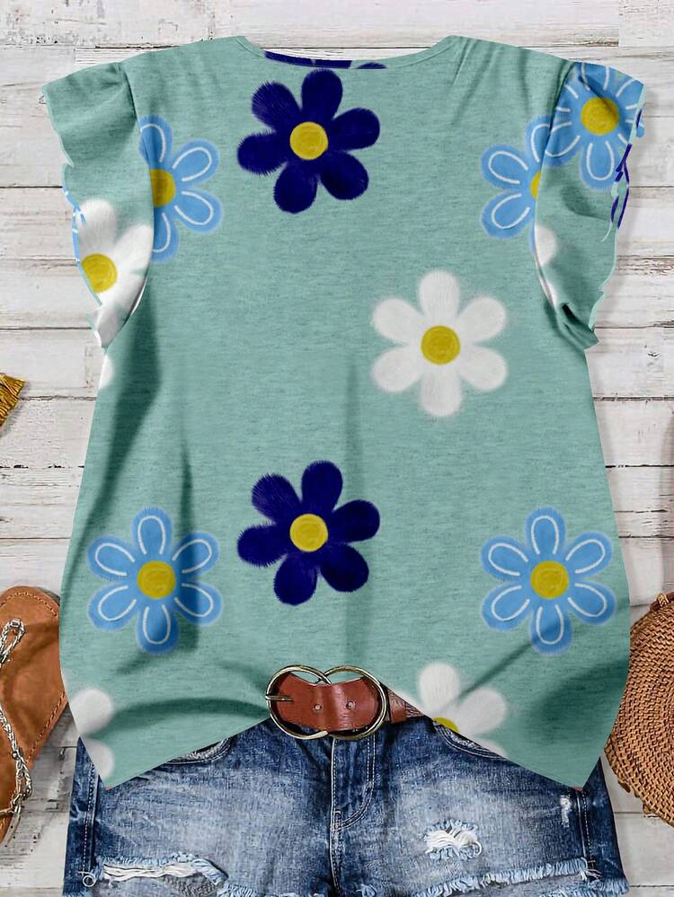 Women's Casual Floral Print V-Neck Ruffle Armhole Top, Summer Flower Tops For Women Women's Summer Top Spring Casual Tops Women Summer,Casual