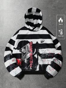 ROMWE MEN Men's Autumn/Winter Anime Street Style American Striped Cartoon Cherry Blossom Hoodie Sweatshirt - Black and White - View 6