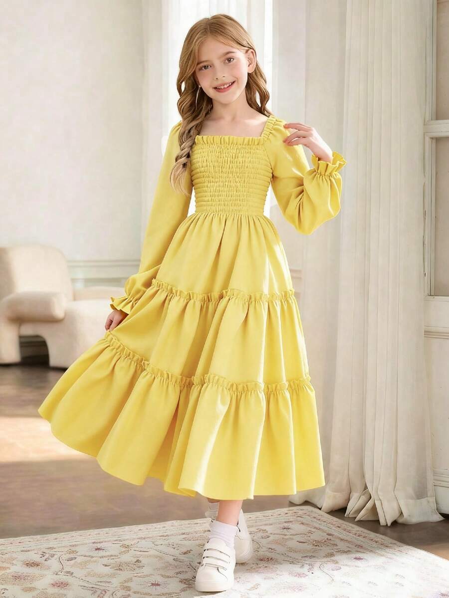 SHEIN Váy midi kiểu Pháp ngọt ngào cổ vuông tay bồng màu trơn nhún bèo nhún eo cho bé gái tuổi mới lớn - Màu vàng - Xem 1