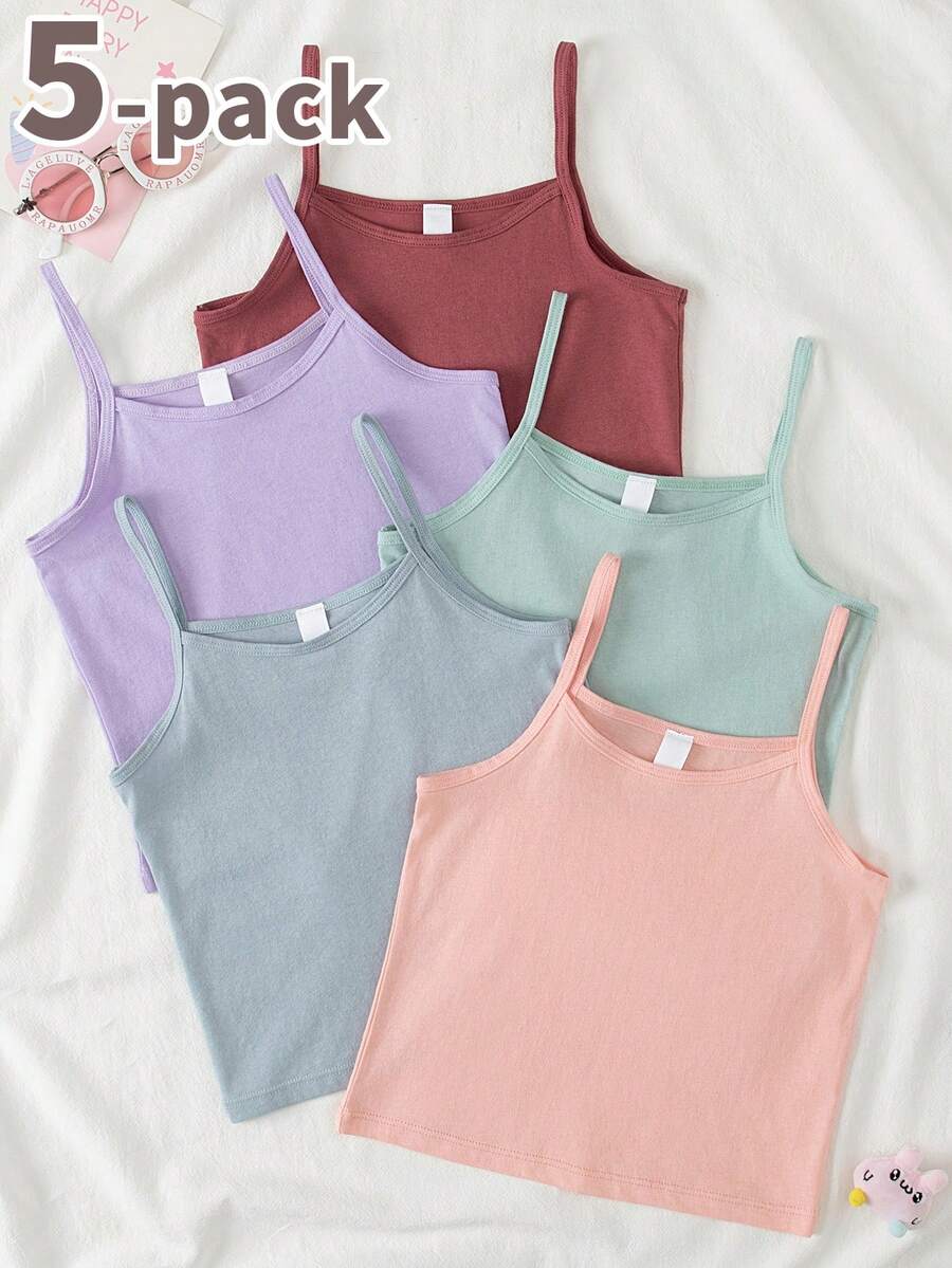 SHEIN Genkimix Kids 5件套女童简约纯色柔软舒适吊带背心，四季皆宜 - 彩色 - 查看 1