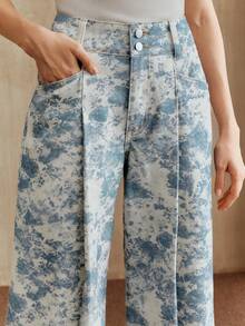 Anewsta Quần jean denim in họa tiết hoa lãng mạn dành cho nữ, thích hợp cho mùa xuân/hè. - Xanh và trắng - Xem 4