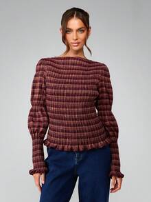 MISSGUIDED Burgundy Check Plaid Long Sleeve Blouse With Puff Sleeves And Smocked Detailing For Fall Winter Holiday Occasions - Multicolor - View 1