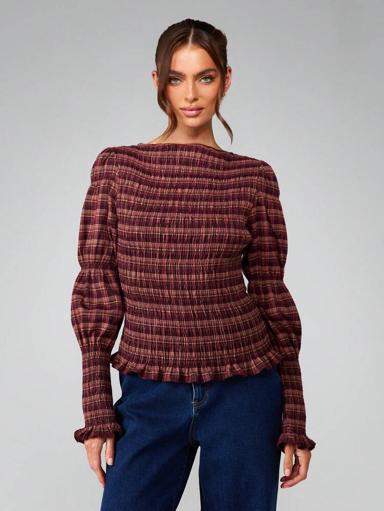 MISSGUIDED Blusa de Manga Longa com Estampa Xadrez Borgonha, Mangas Bufantes e Detalhes Smocked para Ocasiões de Outono, Inverno e Festas