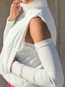 Bearsaez Chaleco acolchado sin mangas con bolsillo con cremallera de unicolor para mujer, para invierno - Blanco - Ver 3