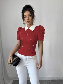 Elenzga Áo thun nữ dáng ôm cổ đính hạt đen trắng tương phản thanh lịch mặc hàng ngày - Đỏ - Xem 4