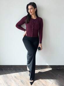 MDEdit Cárdigan de cuello redondo de manga larga con botones delanteros, de verano - Burdeos - Ver 3