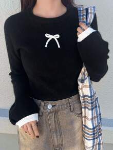 FRIFUL Women's Color Block Bow Cuff Crew Neck Long Sleeve Fitted Slim Pullover Sweater, Versatile For Autumn/Winter