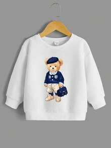 Sudadera de manga larga de punto grueso con estampado de oso, estilo universitario clásico, cómoda y cálida, corte holgado y estilo casual para niños pequeños, adecuada para el verano - Blanco - Ver 2
