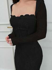 Jemour 女士新款性感S形蕾丝长袖紧身胸衣美人鱼连衣裙，适合派对、约会、晚会 - 黑色 - 查看 3