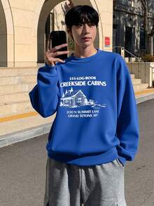 DAZY Hanorac bărbătesc cu imprimeu gros și guler rotund, albastru, toamnă/iarnă