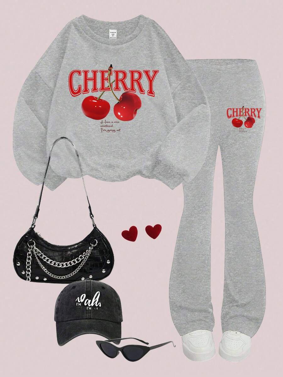 SHEIN Grey Vintage Cherry Pattern Tween Girl Casual Loose Fit Crew Neck Sweatshirt And Flare Pants Set, Autumn School Back-To-School Outfits For Tween Girl - Light Grey - View 1