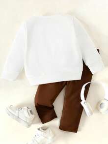 2件套婴儿幼儿男女通用0-3岁可爱小熊标语字母印花长袖圆领上衣和棕色弹力腰带打底裤套装，女婴卫衣套装，幼儿印花圆领套装，女婴秋冬服装 - 彩色 - 查看 2