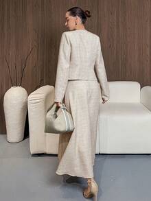 DAZY 女士优雅金属纽扣装饰开衫外套和A字裙两件套，适合新年、圣诞节、婚礼、派对等场合。 - 卡其色 - 查看 14