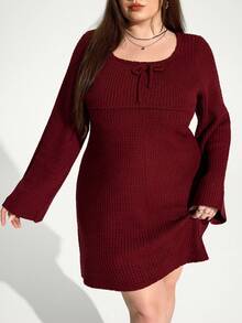 Enliva Plus Size Women's Woolen Dress,Flared Long Sleeve Mini,Burgundy,Autumn,Elegant,Everyday Fall/Winter Valentine's Day Gift Romance New Year Outfit 2026 - Burgundy - View 4