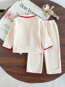 2pcs/Set Young Girl' Cozy Fleece Embroidered Shell Colorblock Pajama Set - Apricot - View 2