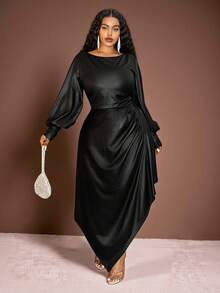 Veslaya 2025 秋冬大码女装连衣裙，Y2K 街头风格，不对称荷叶边下摆中长连衣裙，露肩灯笼袖，适合上学、上班、派对、约会、通勤、优雅、朋克、情人节、圣诞节 - 黑色 - 查看 1