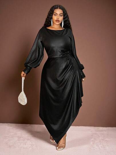 Veslaya 2025 秋冬大码女装连衣裙，Y2K 街头风格，不对称荷叶边下摆中长连衣裙，露肩灯笼袖，适合上学、上班、派对、约会、通勤、优雅、朋克、情人节、圣诞节