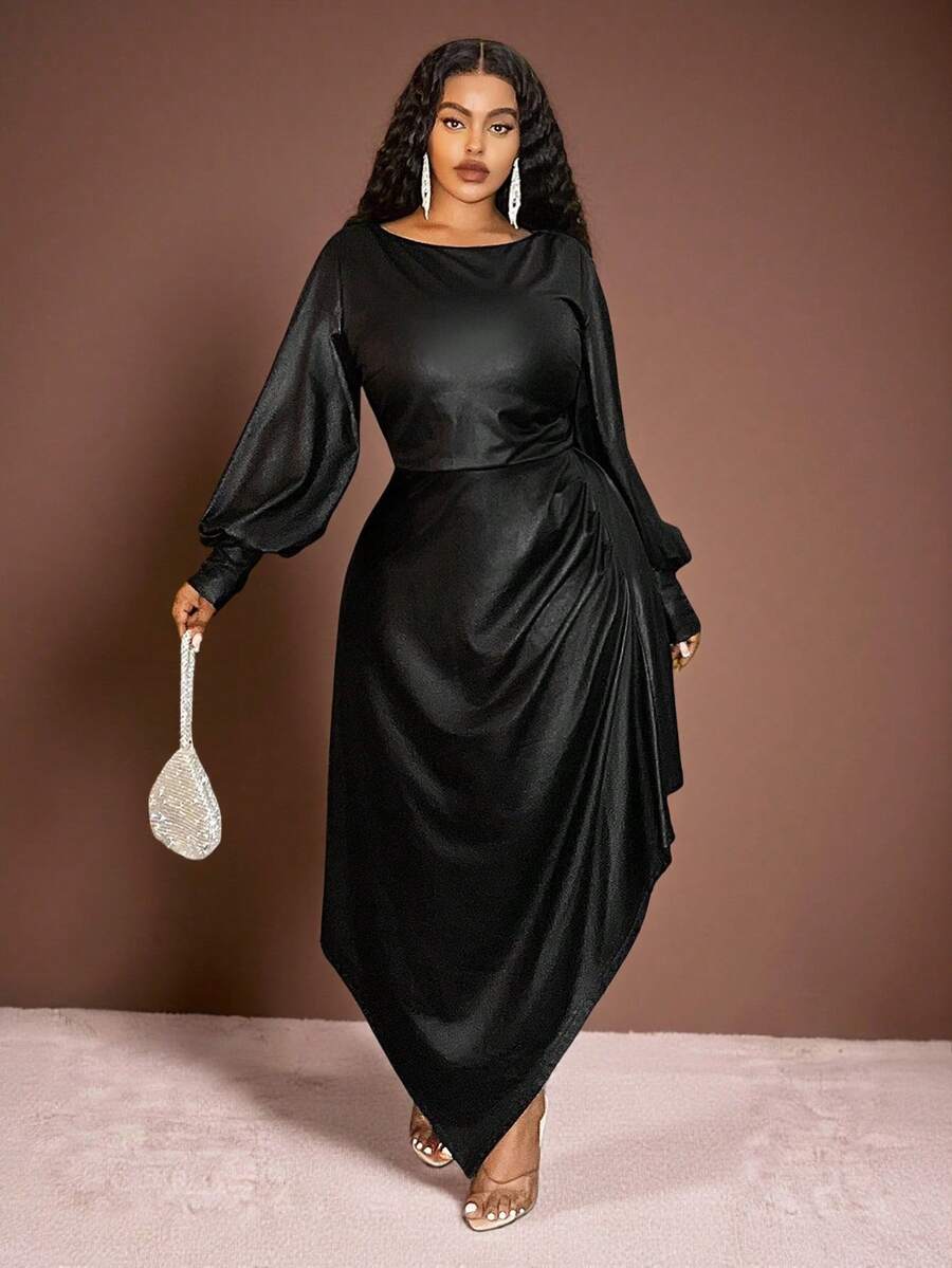 Veslaya 2025 秋冬大码女装连衣裙，Y2K 街头风格，不对称荷叶边下摆中长连衣裙，露肩灯笼袖，适合上学、上班、派对、约会、通勤、优雅、朋克、情人节、圣诞节 - 黑色 - 查看 1