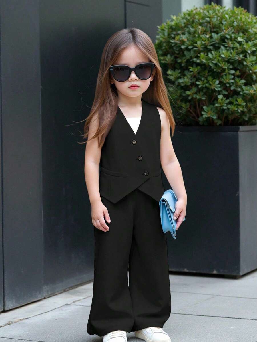 2pcs/Set Baby Girls Urban Elegant Cute Minimalist Black Camisole & Loose Waist Drawstring Pants Set, Summer - Black - View 1