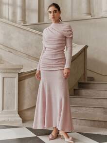 SHEIN Unity 2026 Spring Elegant Ruched Pink Maxi Dress, Luxury Wedding Guest Dress - Pink - View 6