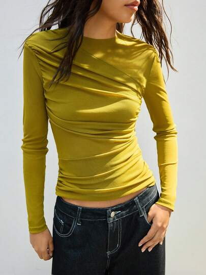 Maija Women's Solid Color Asymmetric Design Versatile Modern Urban Crew Neck Long Sleeve Top, Suitable For Commuting, Office, Business Casual, Party, Dating, Elegant